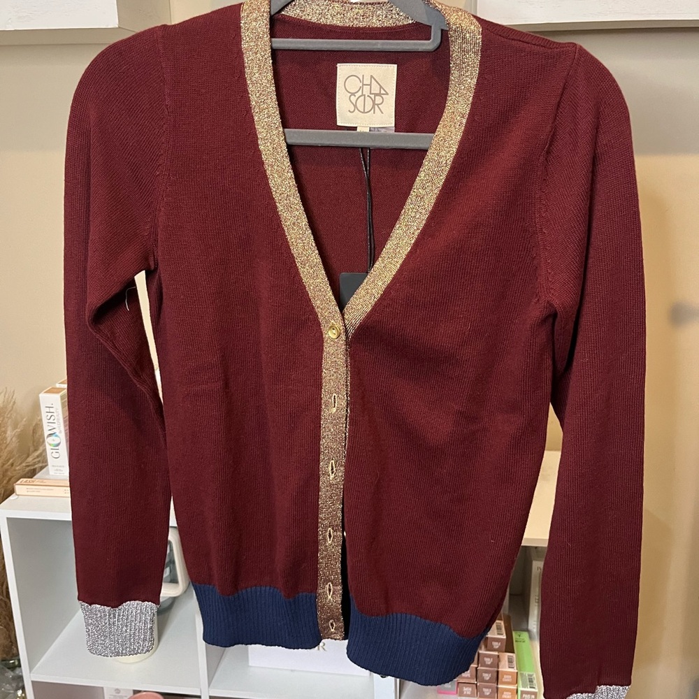 NWT Chaser Cardigan with Metallic and Navy Accents